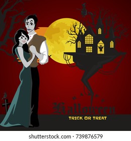 halloween gothic party with vampire couple, fun background for horror invitation on vamp cosplay, dracula teeth and fangs on vector flyer, white man and woman nightlife poster or banner illustration