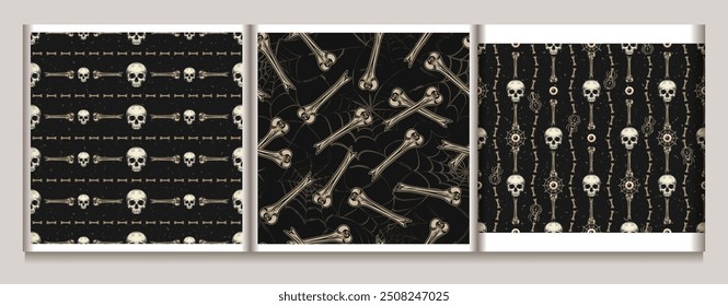 Halloween gothic patterns with bones, skull, eyeballs, spiders. Textured black background. Vintage style.
