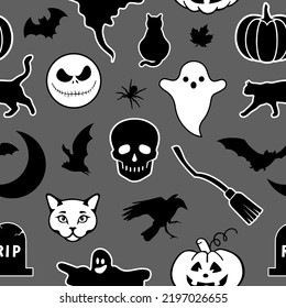 Halloween gothic seamless pattern made up of pumpkins, crows, bats, cats, graves, skulls, ghosts and brooms. Holiday endless texture for printing on package, wrapper, envelopes, cards or cloth.