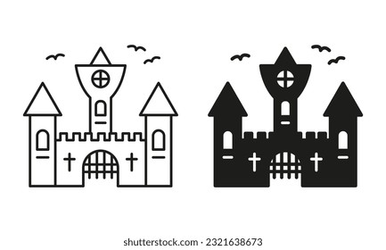 Halloween Gothic Spooky Castle Pictogram Set. Vampire Dracula Scary Castle Line and Silhouette Black Icons. Dark Old Castle for Halloween Celebration Symbol Collection. Isolated Vector Illustration.