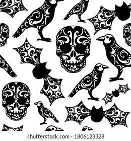 Halloween gothic tribal seamless pattern black drawing with skull, bats and raven