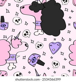 Halloween gothic unicorn heads seamless pattern.