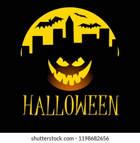 Halloween gradient pumpkin with happy face on dark background with town. Vector cartoon Illustration.