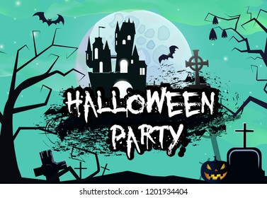 Halloween graffiti lettering on blue background banner design. Creative lettering in gaffiti style with black castle, bats, pumpkin, graves and full moon. Can be used for posters, banners