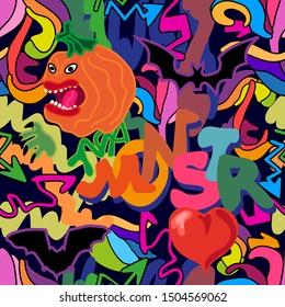 Halloween graffiti print. Seamless vector pattern with pumpkin, monsters, bats and other graphic elements inspired by street art. Template for cards, covers and textile design.