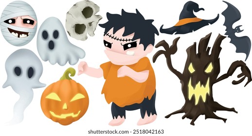 halloween graphic assets. elements and object illustrations  vector for design. skull, zombie, ghost, bat, etc