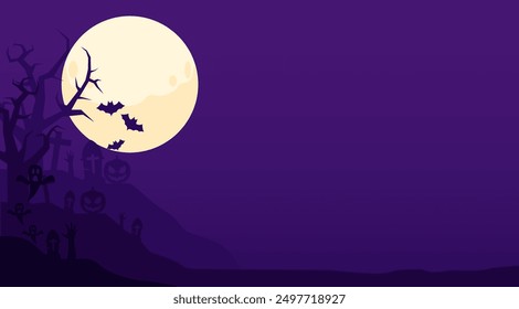 Halloween graphic background with zombie hands, crosses on graves, spooky tree branches and trunks, big full moon and empty space area