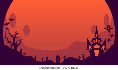 Halloween graphic background with zombie hands, crosses on graves, spooky tree branches and trunks, big full moon and empty space area