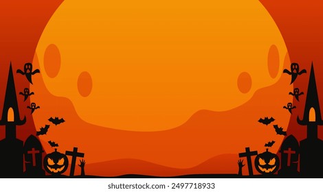 Halloween graphic background with zombie hands, crosses on graves, spooky tree branches and trunks, big full moon and empty space area