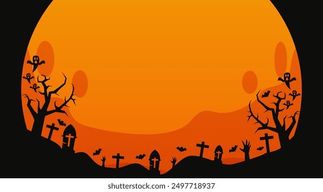 Halloween graphic background with zombie hands, crosses on graves, spooky tree branches and trunks, big full moon and empty space area