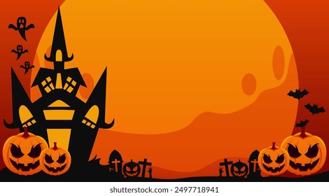 Halloween graphic background with zombie hands, crosses on graves, spooky tree branches and trunks, big full moon and empty space area