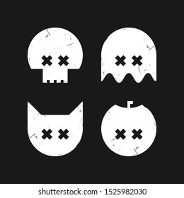 Halloween graphic black and white set. Textured icons of skull, ghost, cat and pumpkin.
