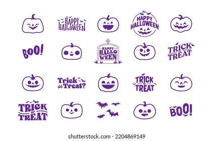 Halloween graphic elements with carved pumpkins and bats. Trick or treat, Boo and spooky designs. Halloween decoration.