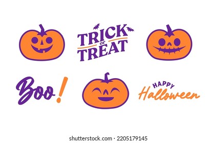 Halloween graphic elements with carved pumpkins and bats. Trick or treat, Boo and spooky designs. Halloween decoration.