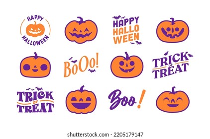 Halloween graphic elements with carved pumpkins and bats. Trick or treat, Boo and spooky designs. Halloween decoration.