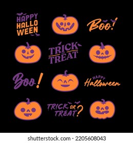Halloween graphic elements with carved pumpkins and bats. Trick or treat, Boo and spooky designs. Halloween decoration.