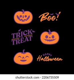 Elementos gráficos de Halloween con calabazas talladas y murciélagos. Truco o trato, boo y diseños espeluznantes. Decoración de Halloween.