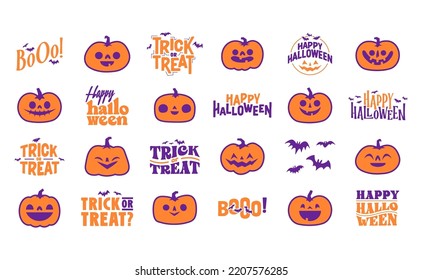 Elementos gráficos de Halloween con calabazas talladas y murciélagos. Truco o trato, boo y diseños espeluznantes. Decoración de Halloween.