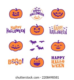 Elementos gráficos de Halloween con calabazas talladas y murciélagos. Truco o trato, boo y diseños espeluznantes. Decoración de Halloween.