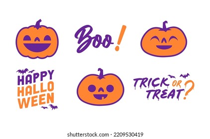 Halloween graphic elements with carved pumpkins and bats. Trick or treat, Boo and spooky designs. Halloween decoration.