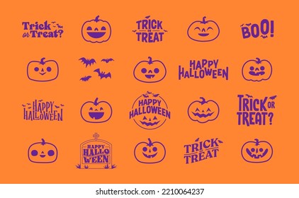 Halloween graphic elements with carved pumpkins and bats. Trick or treat, Boo and spooky designs. Halloween decoration.