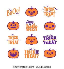 Halloween graphic elements with carved pumpkins and bats. Trick or treat, Boo and spooky designs. Halloween decoration.