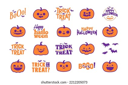 Halloween graphic elements with carved pumpkins and bats. Trick or treat, Boo and spooky designs. Halloween decoration.