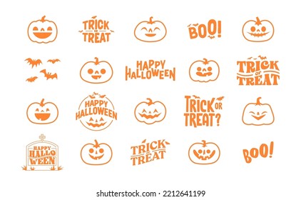 Elementos gráficos de Halloween con calabazas talladas y murciélagos. Truco o trato, boo y diseños espeluznantes. Decoración de Halloween.