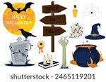 Halloween graphic elements. Happy Halloween vector set of Skull, Ghost, Pumpkin, Witch Hat, Cauldron, Grave. Perfect for scrapbooking, greeting card, party invitation, poster, tag, sticker kit.