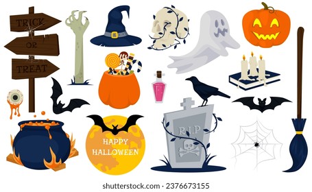 Halloween graphic elements. Happy Halloween vector set of Skull, Ghost, Pumpkin, Witch Hat, Cauldron, Grave. Perfect for scrapbooking, greeting card, party invitation, poster, tag, sticker kit.