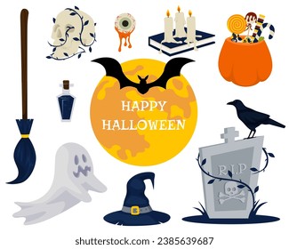 Elementos gráficos de Halloween. Feliz conjunto vectorial de Halloween de Calavera, Fantasma, Calabaza, Sombrero de Bruja, Cauldron, Tumba. Perfecto para la reserva de recortes, tarjeta de saludo, invitación a fiesta, cartel, etiqueta, kit de emoticones.