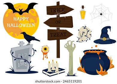 Halloween graphic elements. Happy Halloween vector set of Skull, Ghost, Pumpkin, Witch Hat, Cauldron, Grave. Perfect for scrapbooking, greeting card, party invitation, poster, tag, sticker kit.