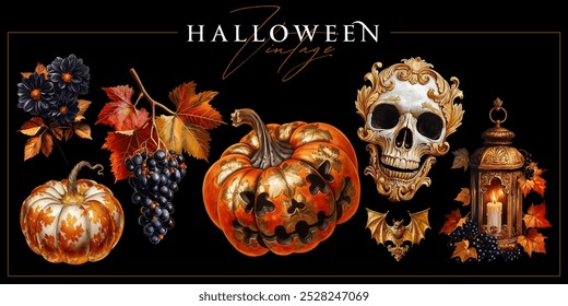 Halloween graphic elements isolated on a changeable background. Vintage hand-drawn style vector illustration.