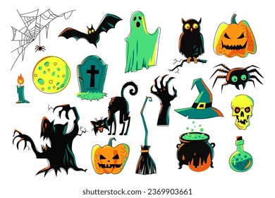 Halloween graphic elements isolated. Spider, bat, ghost, owl, pumpkin, grave, cat, broom, dead man's hand, hat, skull, witch cauldron, bottle of poison and others. Spooky and colorful. Hand drawn set.
