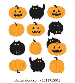 Halloween graphic elements - pumpkins, cat. Vector illustration.
