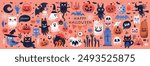 Halloween graphic elements - pumpkins, ghosts, zombie, owl, cat, candy and others. Hand drawn set. Vector illustration.