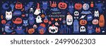 Halloween graphic elements - pumpkins, ghosts, zombie, owl, cat, candy and others. Hand drawn set. Vector illustration.