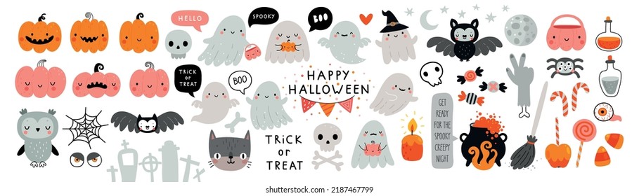Halloween graphic elements    pumpkins  ghosts  owl  cat  candy   others  Hand drawn set  Vector illustration 