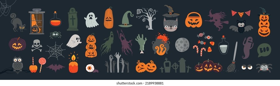 Halloween graphic elements - pumpkins, ghosts, zombie, owl, cat, candy and others. Hand drawn set. Vector illustration.