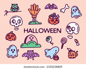 Halloween graphic elements - pumpkins, ghosts, , owl, cat, candy and others. Hand drawn set. Vector illustration.