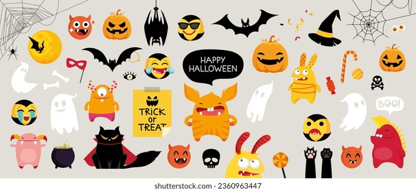 Halloween graphic elements - pumpkins, ghosts, zombie, owl, cat, candy and others. Hand drawn set. Vector illustration