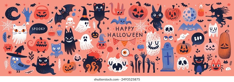 Halloween graphic elements - pumpkins, ghosts, zombie, owl, cat, candy and others. Hand drawn set. Vector illustration.