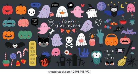 Halloween graphic elements - pumpkins, ghosts, zombie, owl, cat, candy and others. Hand drawn set. Vector illustration.