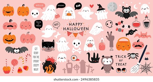 Halloween graphic elements - pumpkins, ghosts, zombie, owl, cat, candy and others. Hand drawn set. Vector illustration.