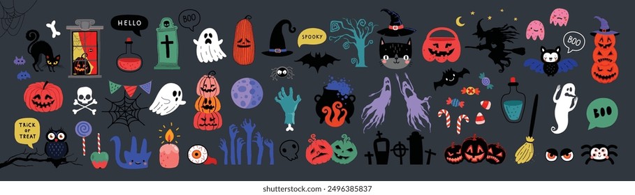 Halloween graphic elements - pumpkins, ghosts, zombie, owl, cat, candy and others. Hand drawn set. Vector illustration.