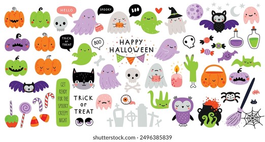 Halloween graphic elements - pumpkins, ghosts, zombie, owl, cat, candy and others. Hand drawn set. Vector illustration.