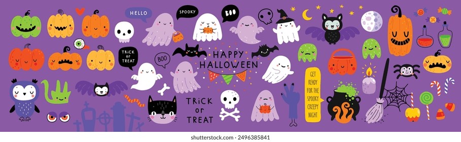 Elementos gráficos de Halloween: calabazas, fantasmas, zombis, búhos, gatos, dulces y otros. Conjunto dibujado a mano. Ilustración vectorial.