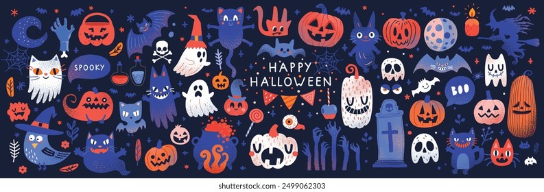 Halloween graphic elements - pumpkins, ghosts, zombie, owl, cat, candy and others. Hand drawn set. Vector illustration.