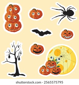 Halloween graphic elements - pumpkins, ghosts and others. Hand drawn set. Vector illustration.