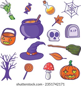 Halloween graphic elements - pumpkins, hat, skull, autumn leaves, candy, broomstick and others. Clipart Vector illustration of halloween party set